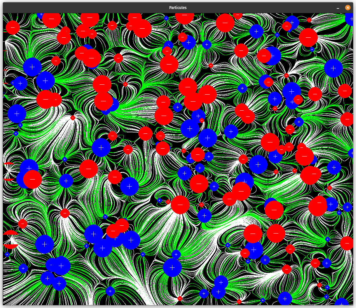 Simulation avec 100 charges positives, 100 charges négatives et 5000 lignes de champs